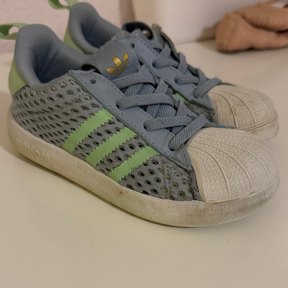 adidas Kids Light Blue & Lime Green Mesh Shell-Toe Sneakers
